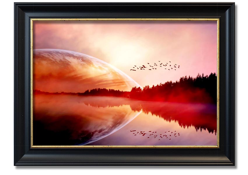 A beautifully framed print of a serene sunrise over a tranquil lake, showcasing vibrant colors and a peaceful landscape.