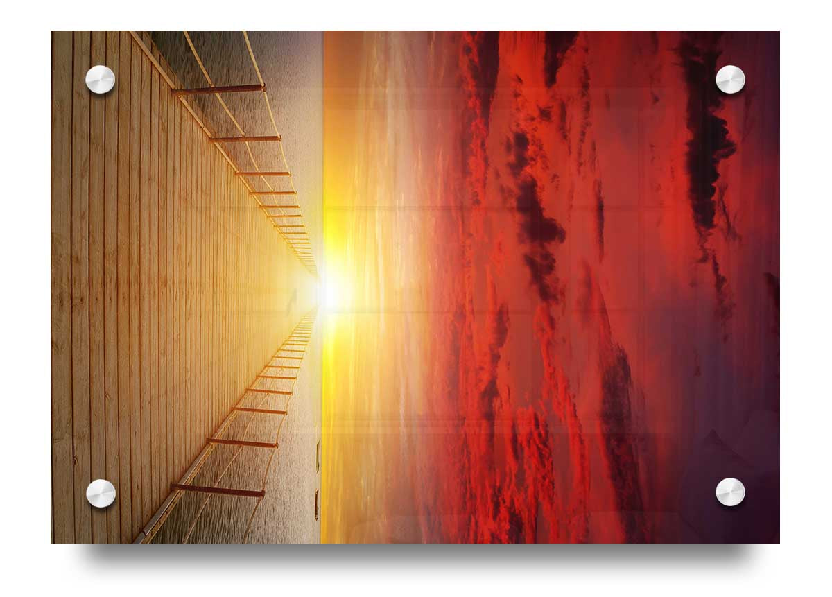 Acrylic print of a stunning sunset over a boardwalk, showcasing vibrant colors and intricate details.