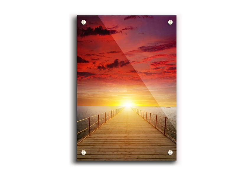 Acrylic print of a stunning sunset over a boardwalk, showcasing vibrant colors and intricate details.