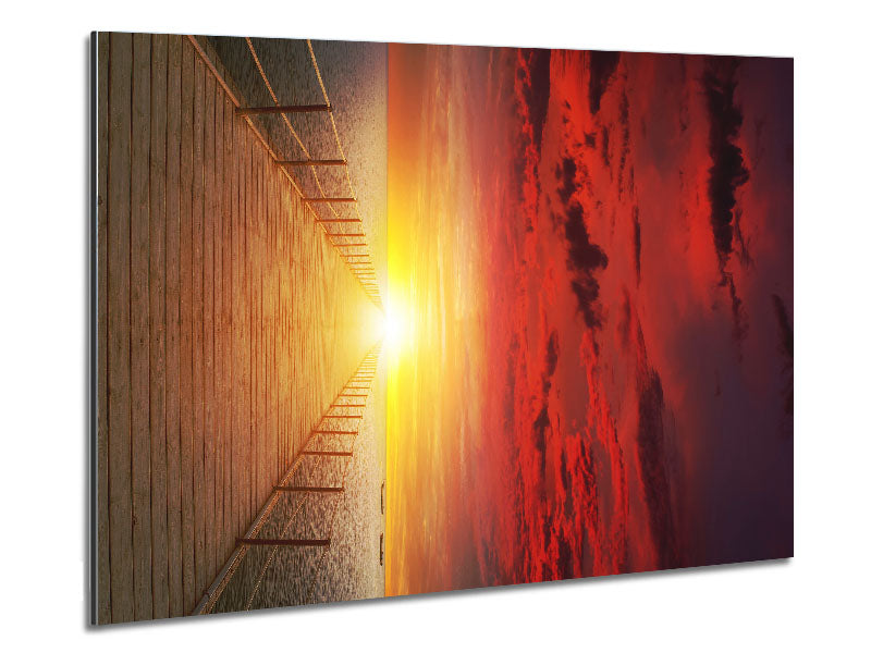 Amazing Sunset Boardwalk artwork printed on brushed aluminium dibond, showcasing vibrant sunset colors and modern design.