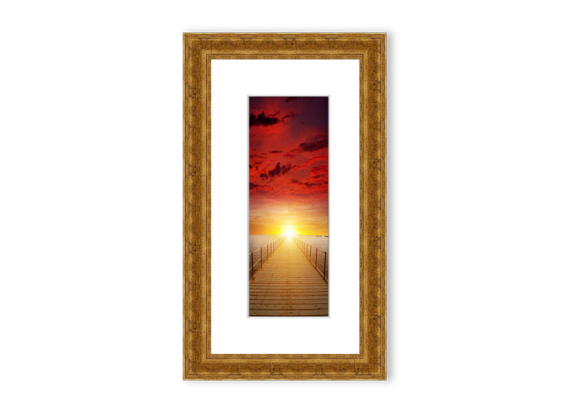 Framed print of a sunset over a boardwalk, showcasing vibrant colors and serene scenery, available in multiple frame options.