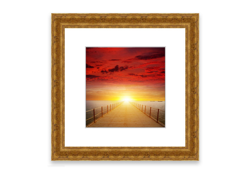 Framed print of a sunset over a boardwalk, showcasing vibrant colors and serene scenery, available in multiple frame options.