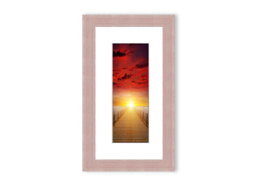 Framed print of a sunset over a boardwalk, showcasing vibrant colors and serene scenery, available in multiple frame options.