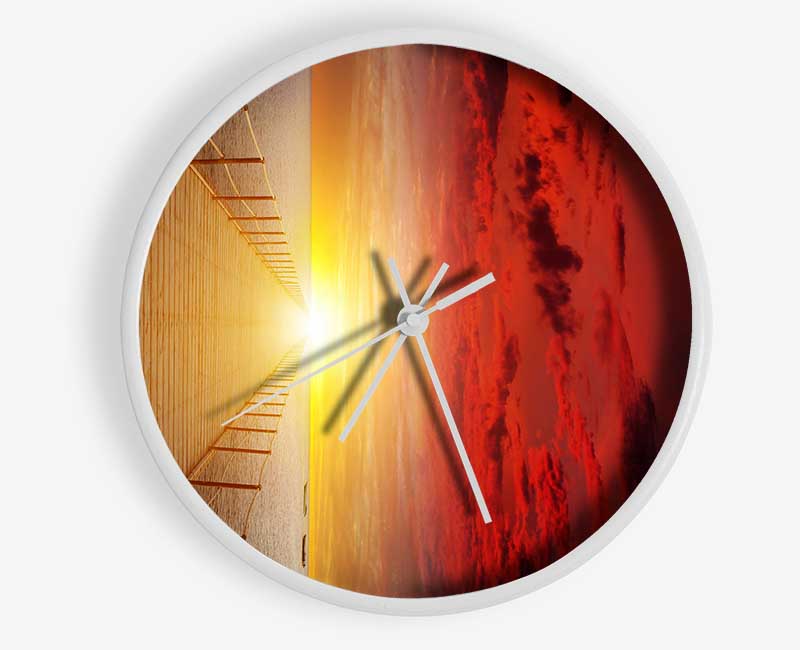 Amazing Sunset Boardwalk clock made of natural bamboo with a round face and clear Plexiglas lens, available in black, white, and natural frame colors.