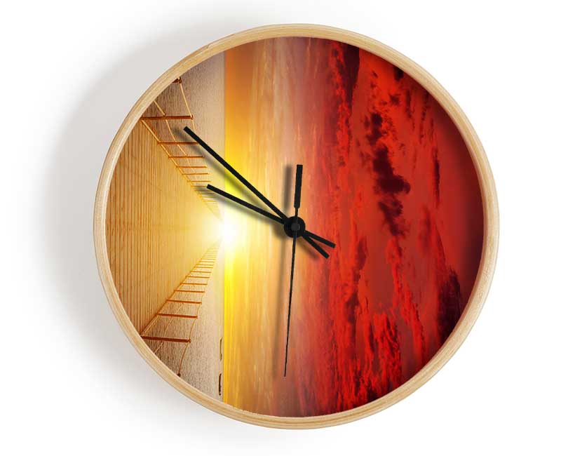 Amazing Sunset Boardwalk clock made of natural bamboo with a round face and clear Plexiglas lens, available in black, white, and natural frame colors.