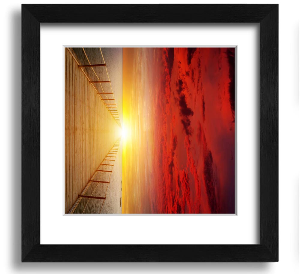 A beautifully framed print of a sunset over a boardwalk, showcasing vibrant colors and intricate details.