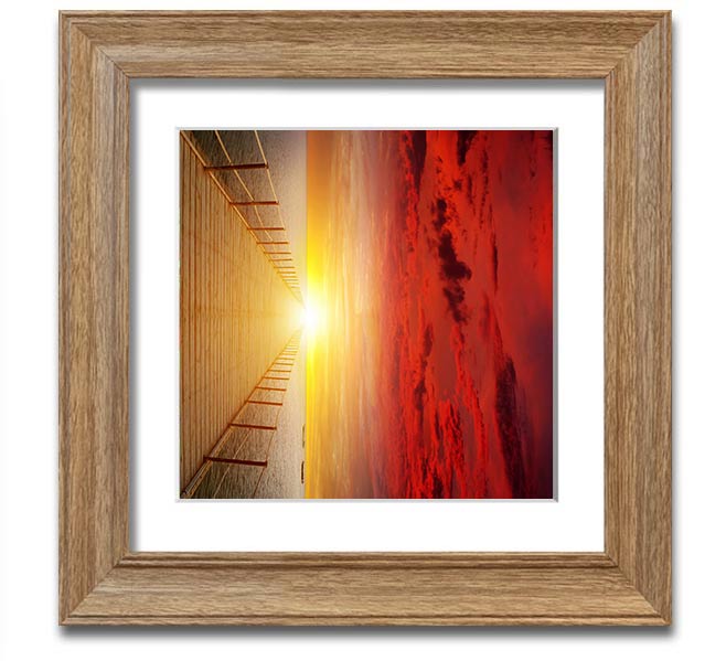 A beautifully framed print of a sunset over a boardwalk, showcasing vibrant colors and intricate details.