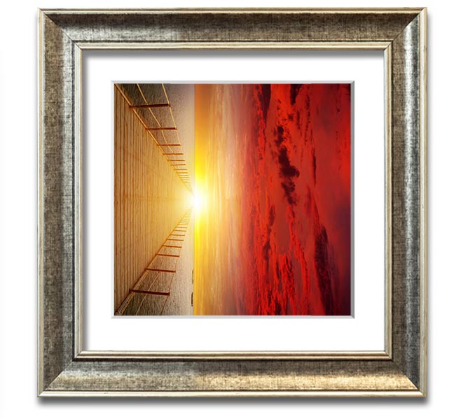 A beautifully framed print of a sunset over a boardwalk, showcasing vibrant colors and intricate details.