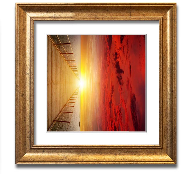 A beautifully framed print of a sunset over a boardwalk, showcasing vibrant colors and intricate details.