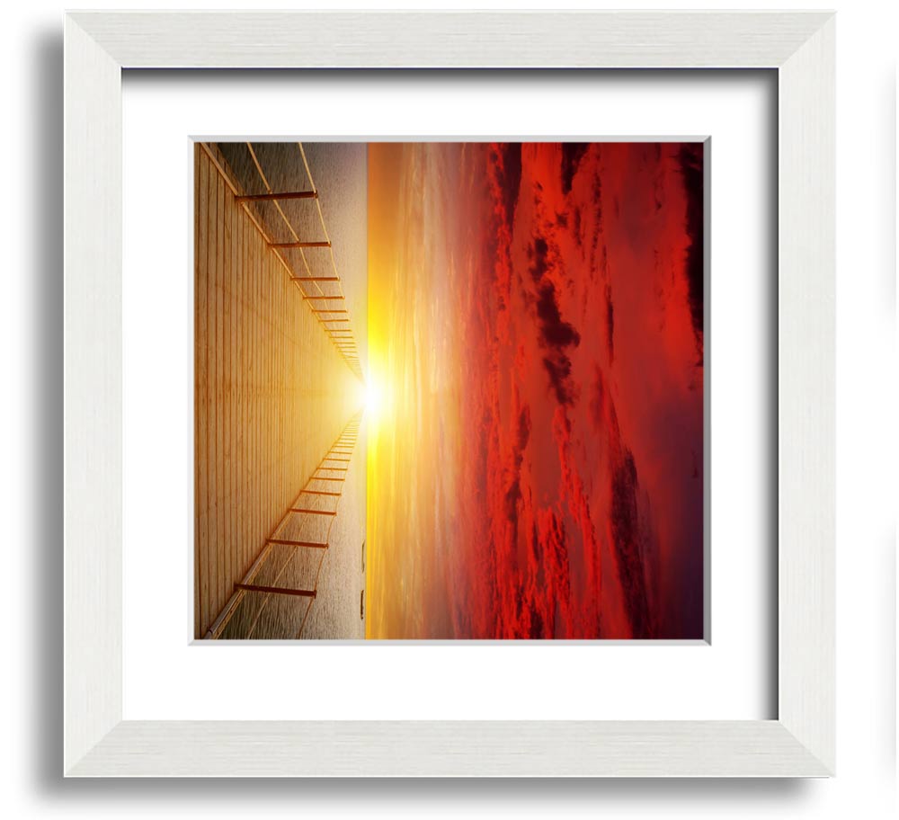 A beautifully framed print of a sunset over a boardwalk, showcasing vibrant colors and intricate details.