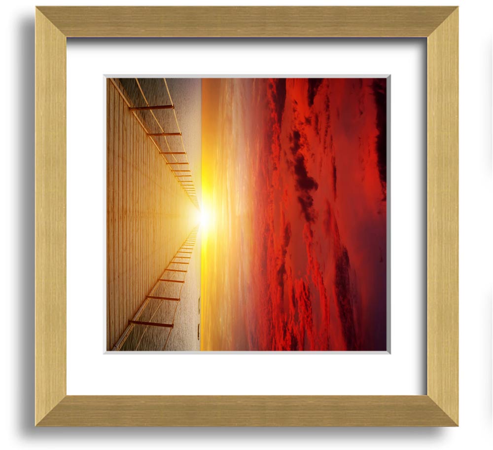 A beautifully framed print of a sunset over a boardwalk, showcasing vibrant colors and intricate details.