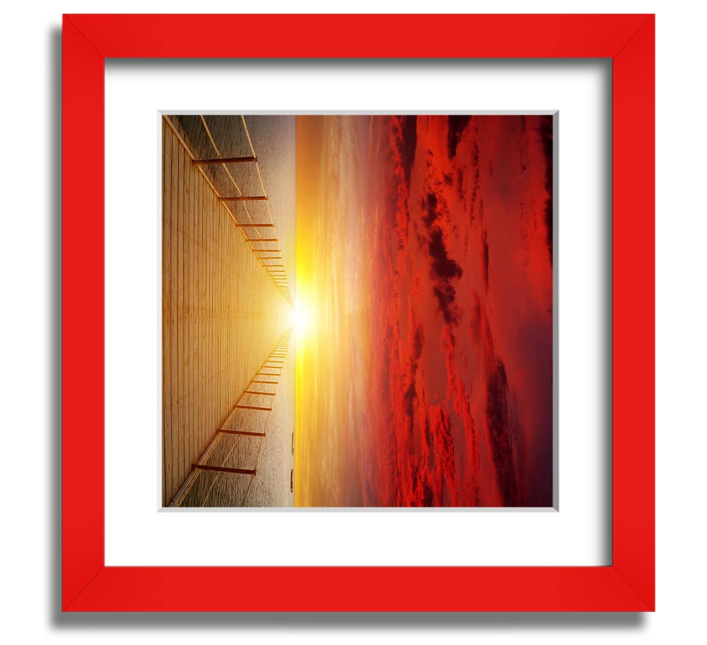 A beautifully framed print of a sunset over a boardwalk, showcasing vibrant colors and intricate details.