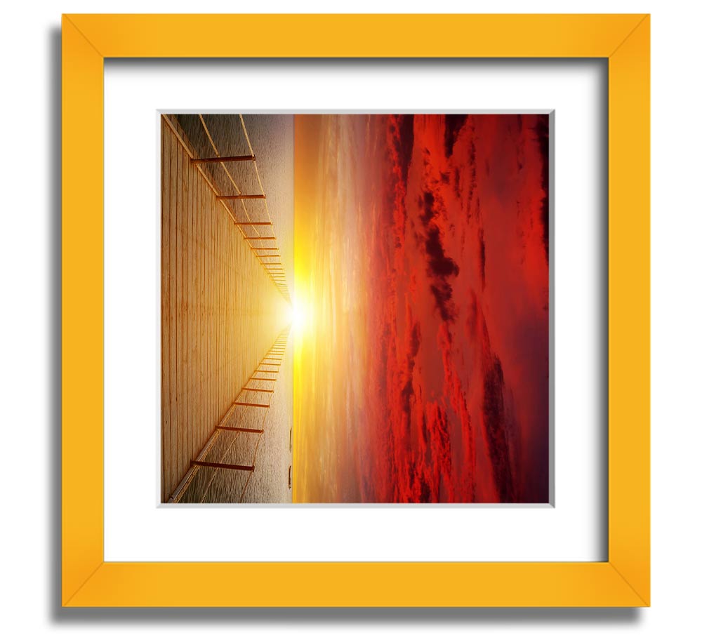 A beautifully framed print of a sunset over a boardwalk, showcasing vibrant colors and intricate details.