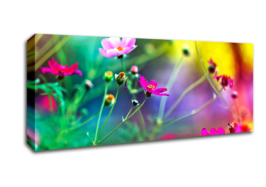 A vibrant canvas print of wildflowers mounted on a sturdy box frame, ready to hang.