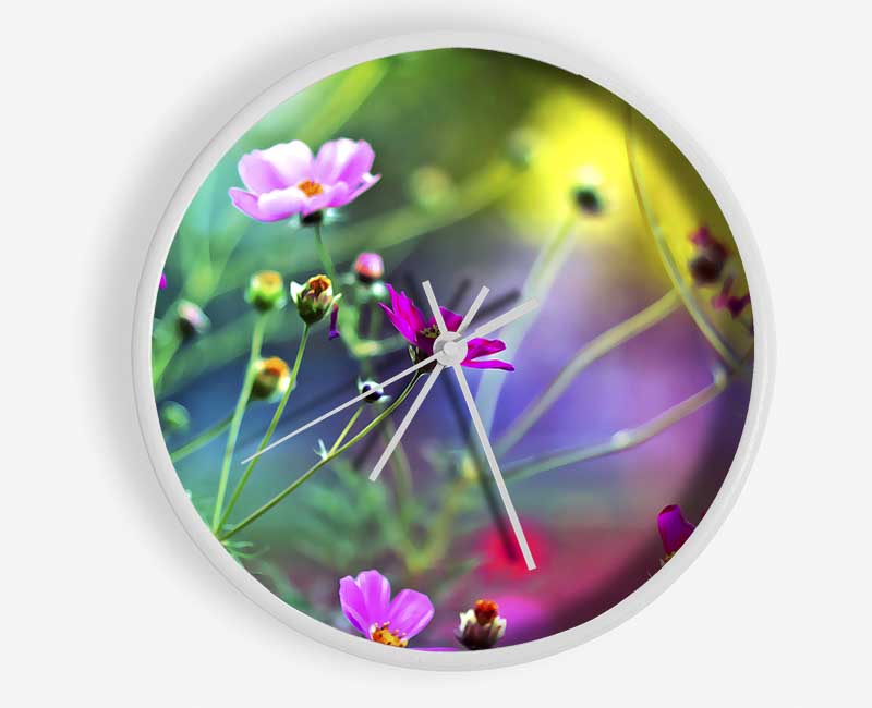 A stylish Amazing Wild Flowers clock made from natural bamboo, featuring a round face and clear Plexiglas lens, available in black, white, and natural frame colors.