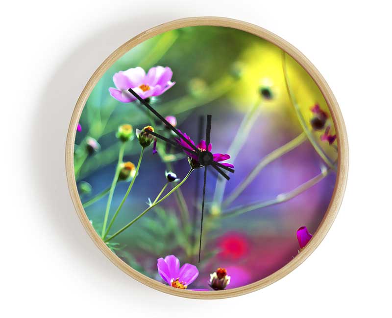 A stylish Amazing Wild Flowers clock made from natural bamboo, featuring a round face and clear Plexiglas lens, available in black, white, and natural frame colors.