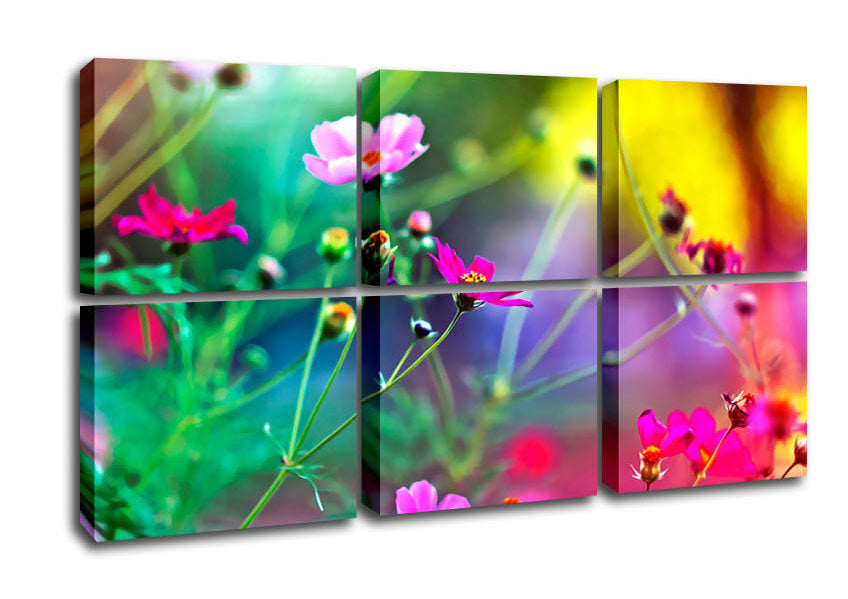 A vibrant canvas print of wildflowers mounted on a sturdy box frame, ready to hang.