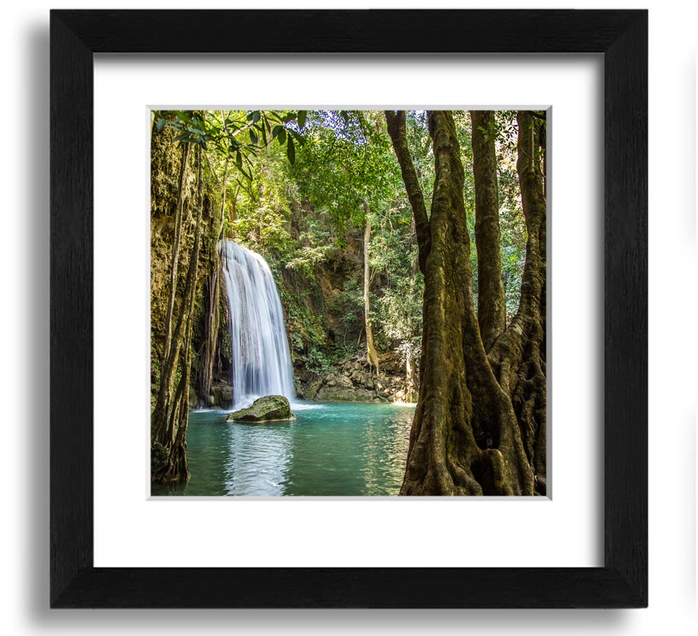 A beautifully framed print of an Amazon jungle waterfall, showcasing vibrant colors and intricate details, ready to hang.