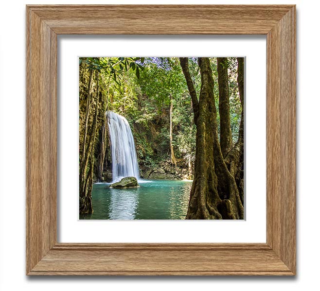 A beautifully framed print of an Amazon jungle waterfall, showcasing vibrant colors and intricate details, ready to hang.