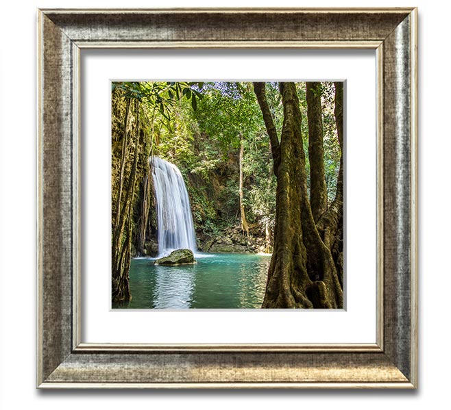 A beautifully framed print of an Amazon jungle waterfall, showcasing vibrant colors and intricate details, ready to hang.