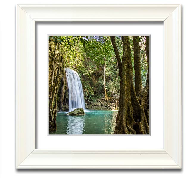 A beautifully framed print of an Amazon jungle waterfall, showcasing vibrant colors and intricate details, ready to hang.