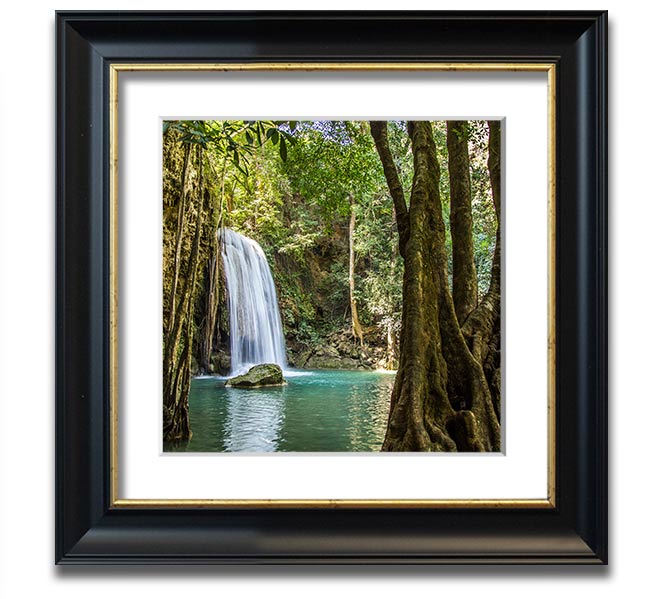 A beautifully framed print of an Amazon jungle waterfall, showcasing vibrant colors and intricate details, ready to hang.