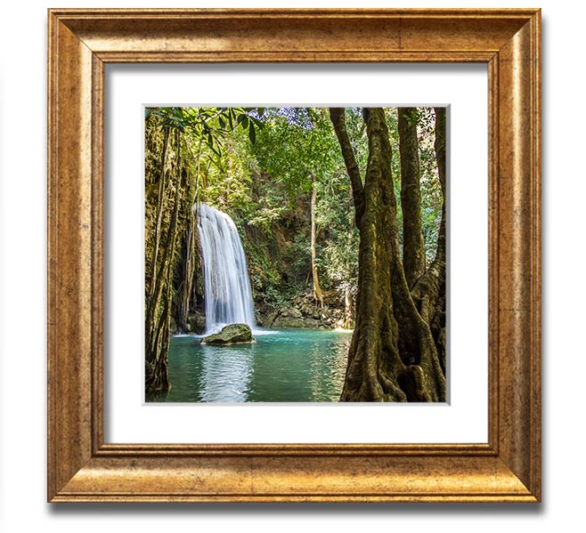 A beautifully framed print of an Amazon jungle waterfall, showcasing vibrant colors and intricate details, ready to hang.