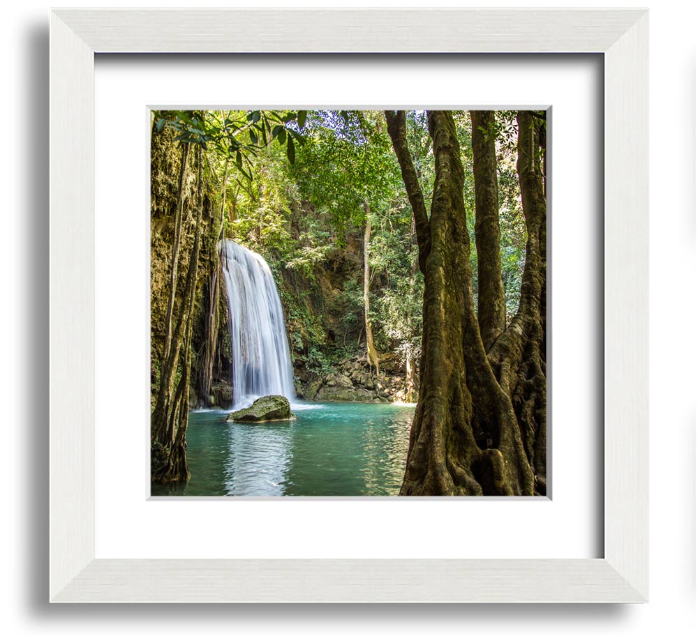 A beautifully framed print of an Amazon jungle waterfall, showcasing vibrant colors and intricate details, ready to hang.