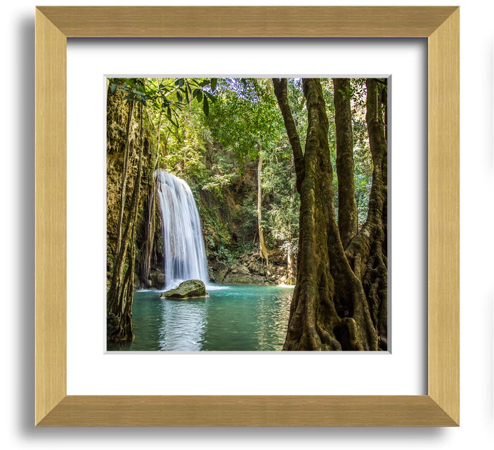 A beautifully framed print of an Amazon jungle waterfall, showcasing vibrant colors and intricate details, ready to hang.