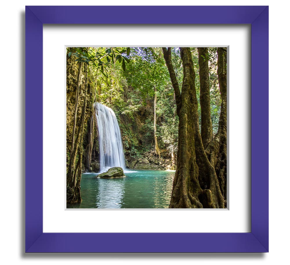 A beautifully framed print of an Amazon jungle waterfall, showcasing vibrant colors and intricate details, ready to hang.