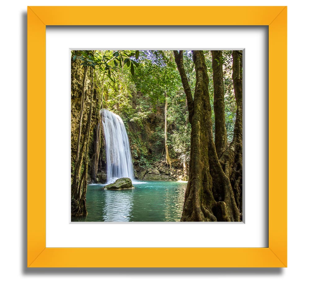 A beautifully framed print of an Amazon jungle waterfall, showcasing vibrant colors and intricate details, ready to hang.