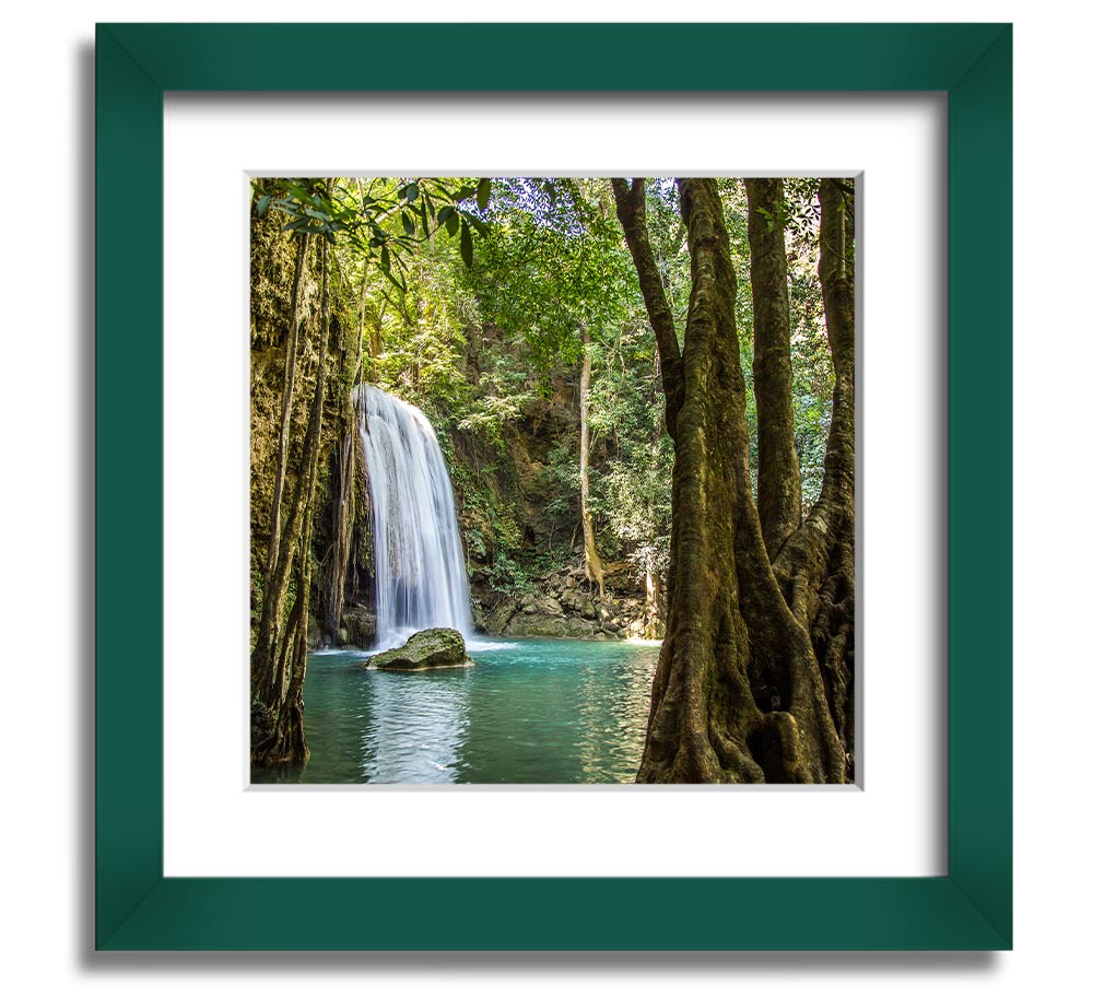 A beautifully framed print of an Amazon jungle waterfall, showcasing vibrant colors and intricate details, ready to hang.