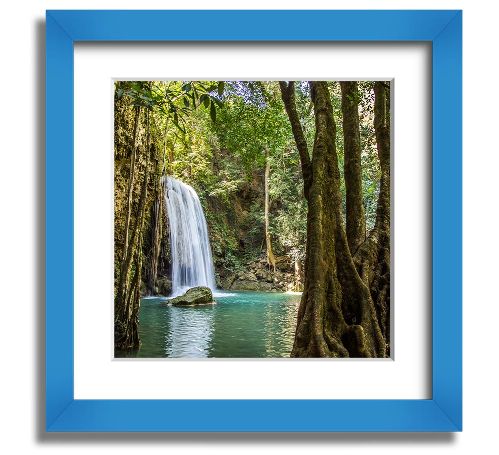 A beautifully framed print of an Amazon jungle waterfall, showcasing vibrant colors and intricate details, ready to hang.