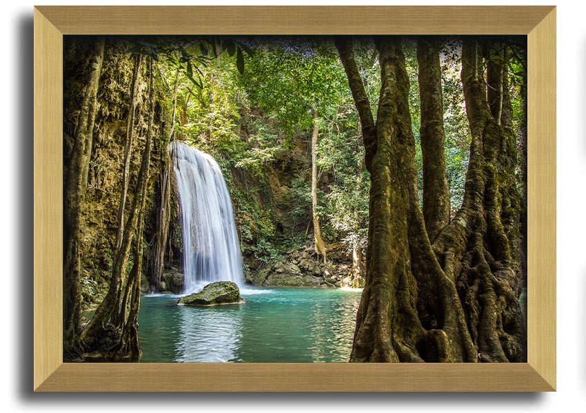 Framed print of a stunning Amazon jungle waterfall, showcasing vibrant greenery and cascading water, available in various frame colors.