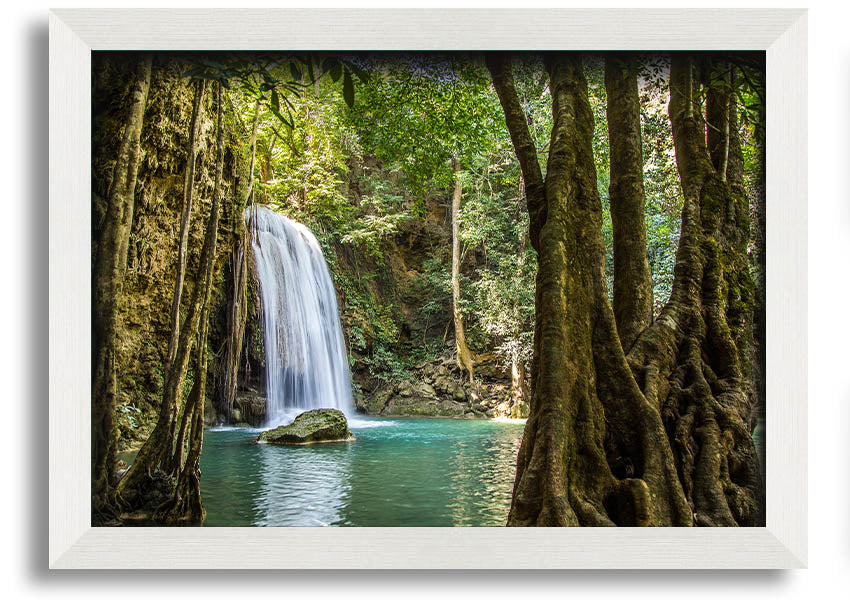 Framed print of a stunning Amazon jungle waterfall, showcasing vibrant greenery and cascading water, available in various frame colors.