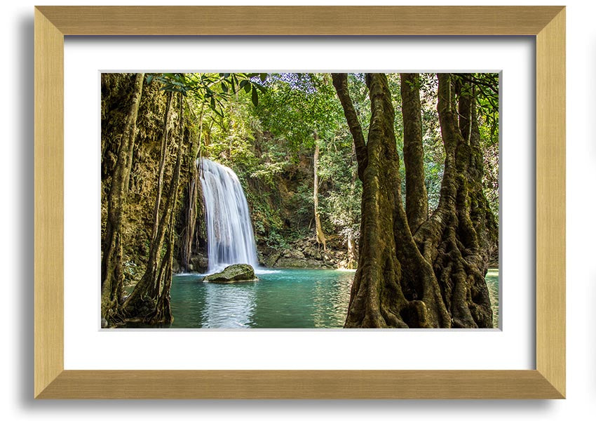 Framed print of a stunning Amazon jungle waterfall, showcasing vibrant greenery and cascading water, available in various frame colors.