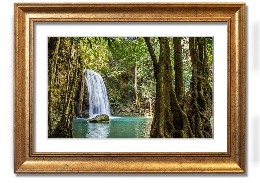 Framed print of a stunning Amazon jungle waterfall, showcasing vibrant greenery and cascading water, available in various frame colors.