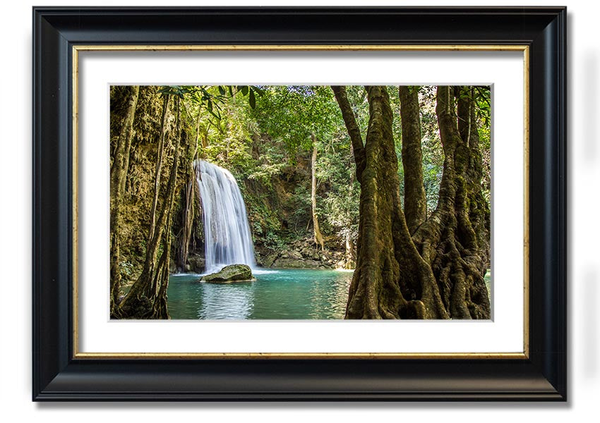 Framed print of a stunning Amazon jungle waterfall, showcasing vibrant greenery and cascading water, available in various frame colors.