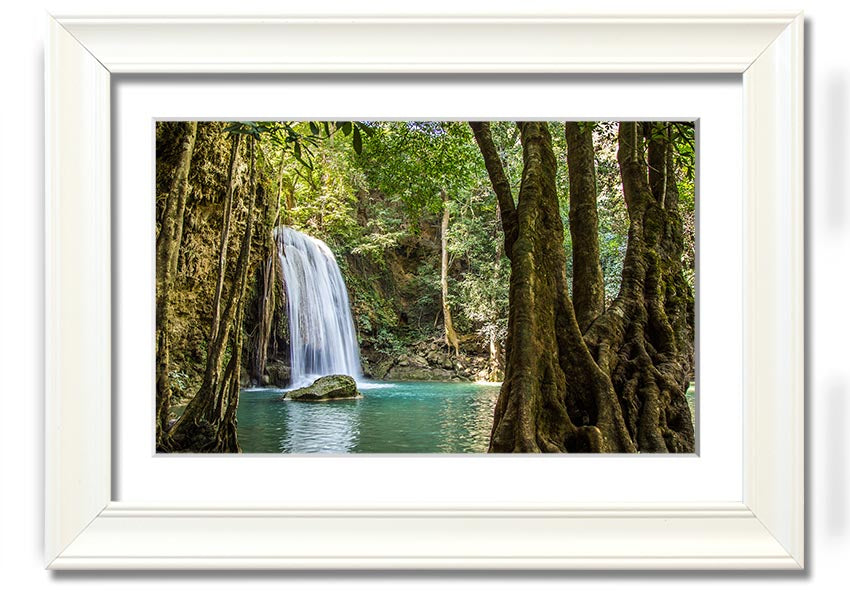 Framed print of a stunning Amazon jungle waterfall, showcasing vibrant greenery and cascading water, available in various frame colors.