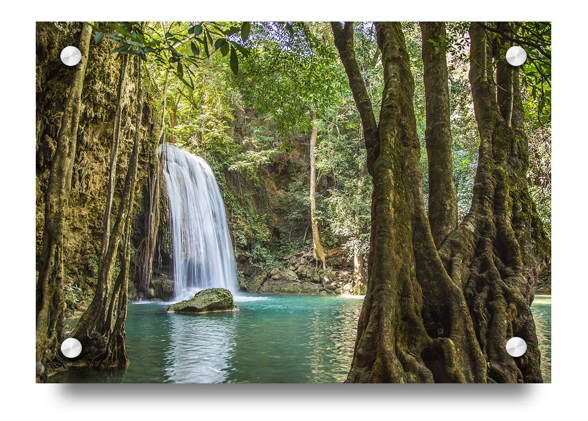 Acrylic print of a stunning Amazon jungle waterfall, showcasing vibrant colors and lush greenery.