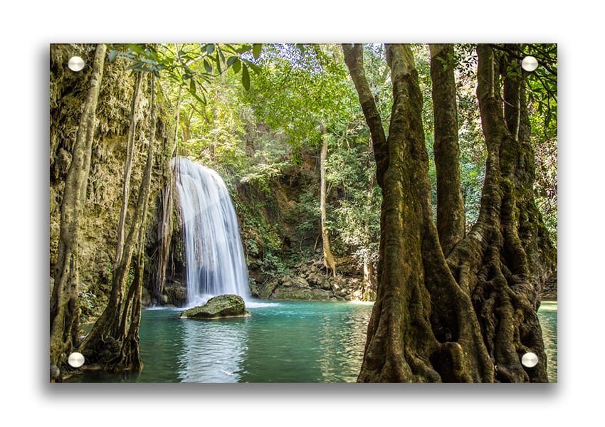 Acrylic print of a stunning Amazon jungle waterfall, showcasing vibrant colors and lush greenery.