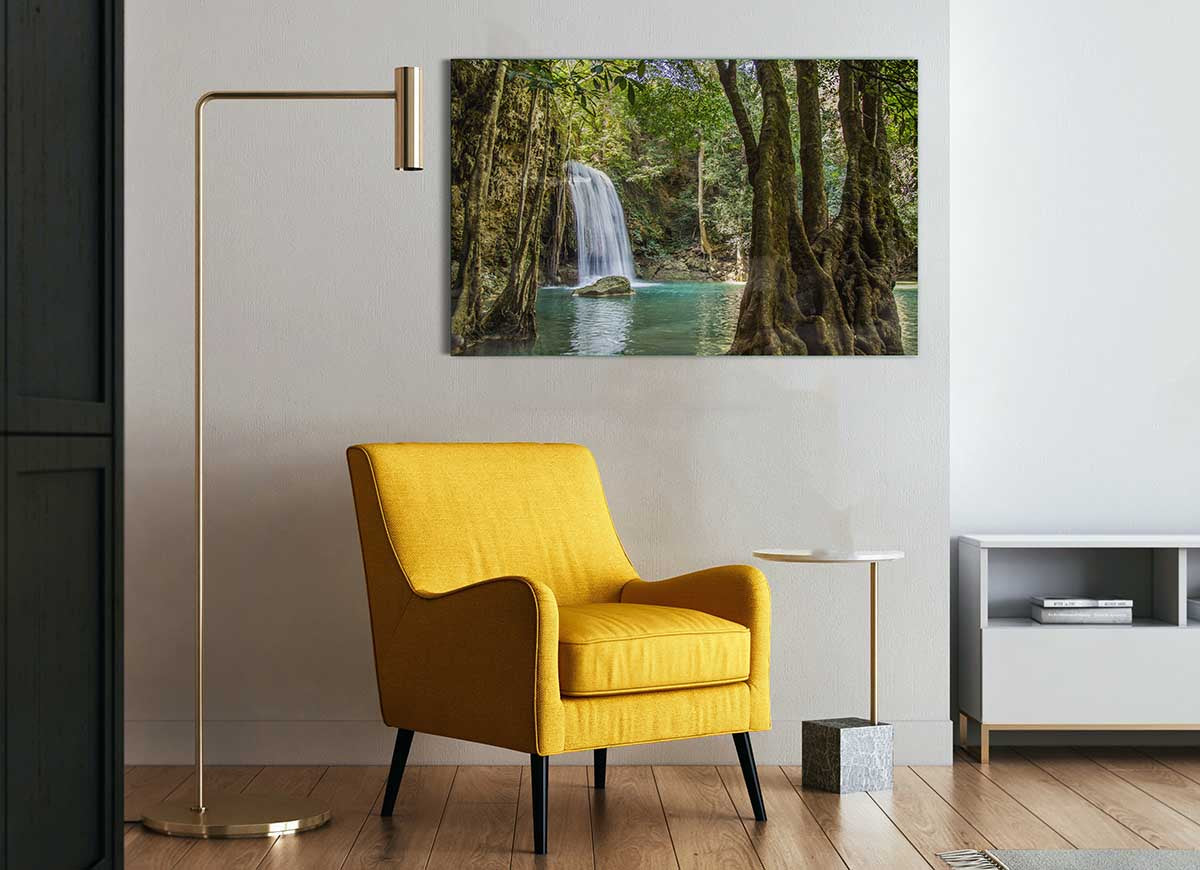 A vibrant glass print depicting a waterfall in the Amazon jungle, surrounded by lush greenery, perfect for modern home decor.