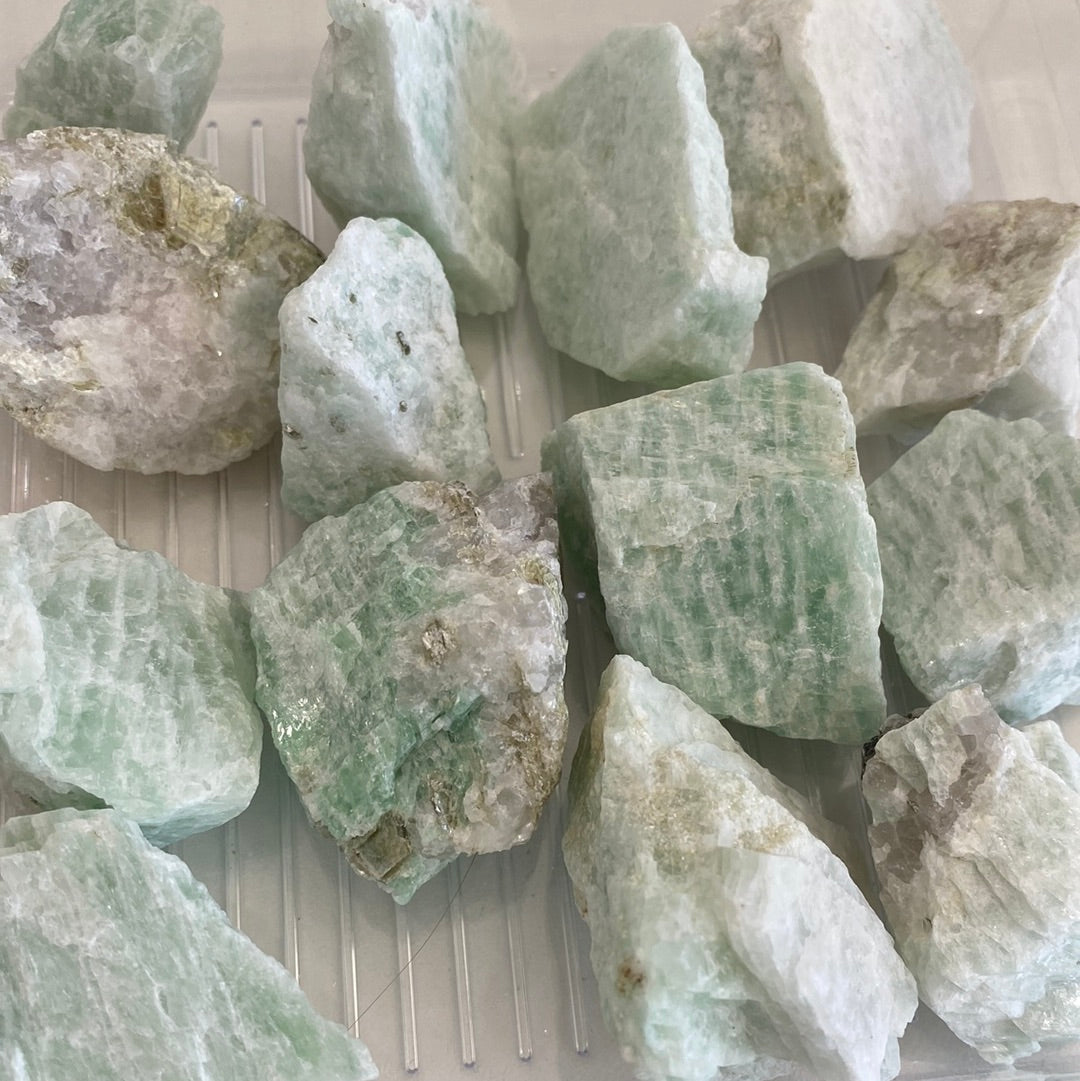 A collection of Amazonite Rough Cut stones showcasing their unique aqua hues and natural textures, perfect for jewelry making and healing.