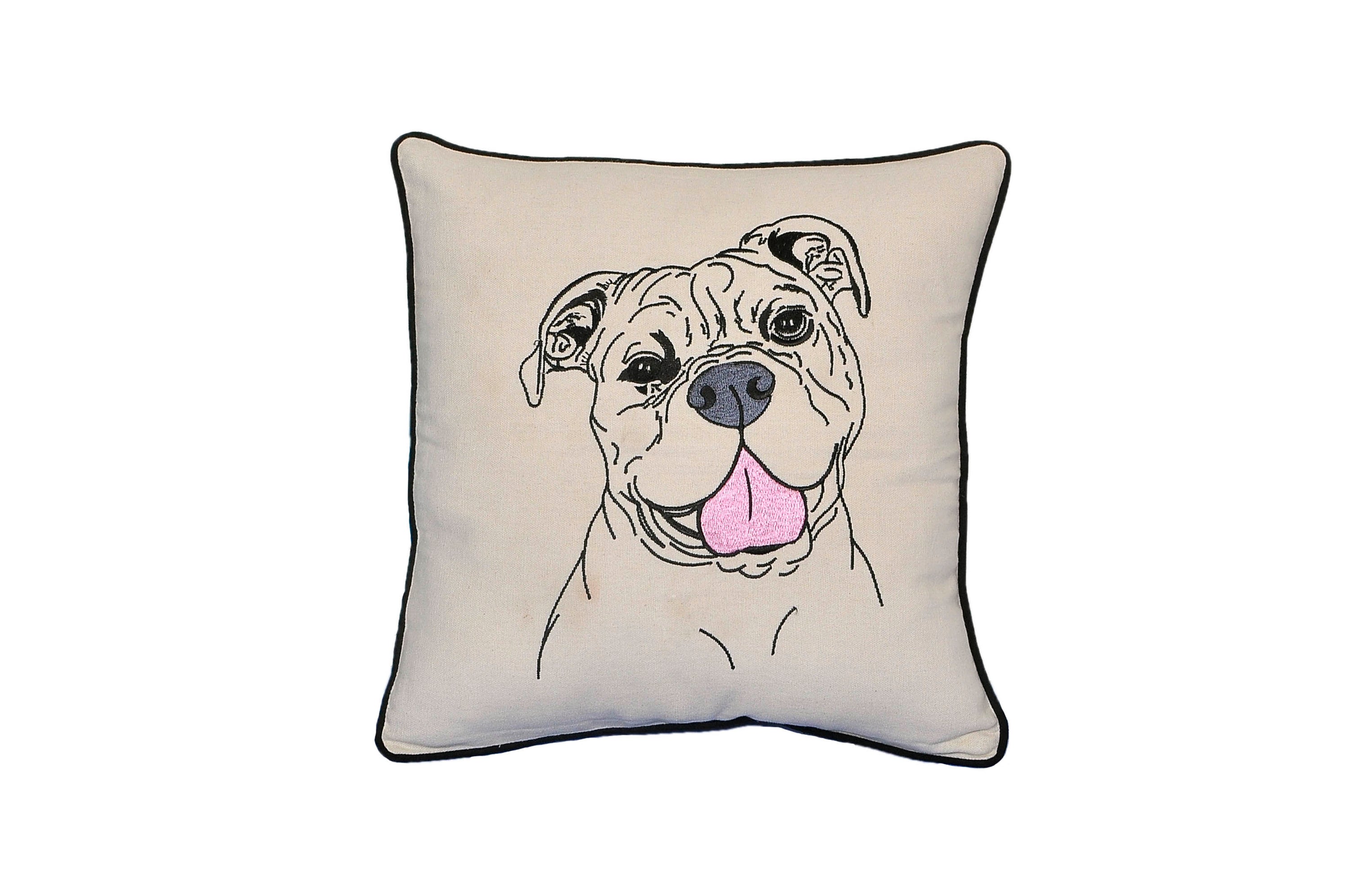 American Bull Dog Pillow featuring embroidered dog breed designs on a 15x15 cotton canvas with black piping.