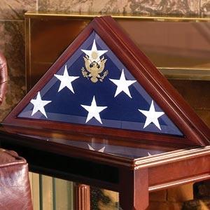 American Burial Flag Box made of solid walnut with beveled glass front, designed to display a 5' x 9.5' burial flag.