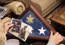 American Burial Flag Box, Large Coffin Flag Display Case made of solid cherry wood with beveled glass front, designed for military flags.