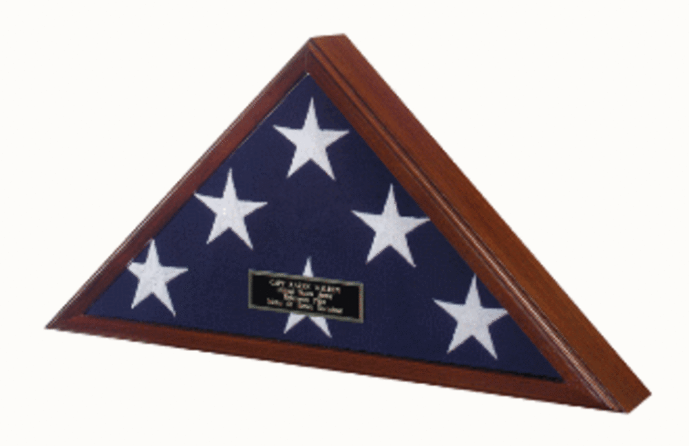 Large American Burial Flag Box made of solid Cherry wood with beveled glass front, designed to display military burial flags.