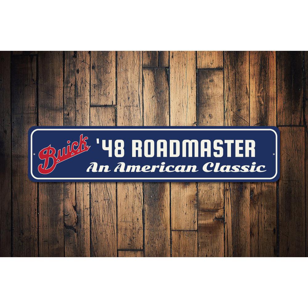 American Classic Roadmaster Sign made of high-quality aluminum, featuring customizable text and pre-drilled holes for easy mounting.