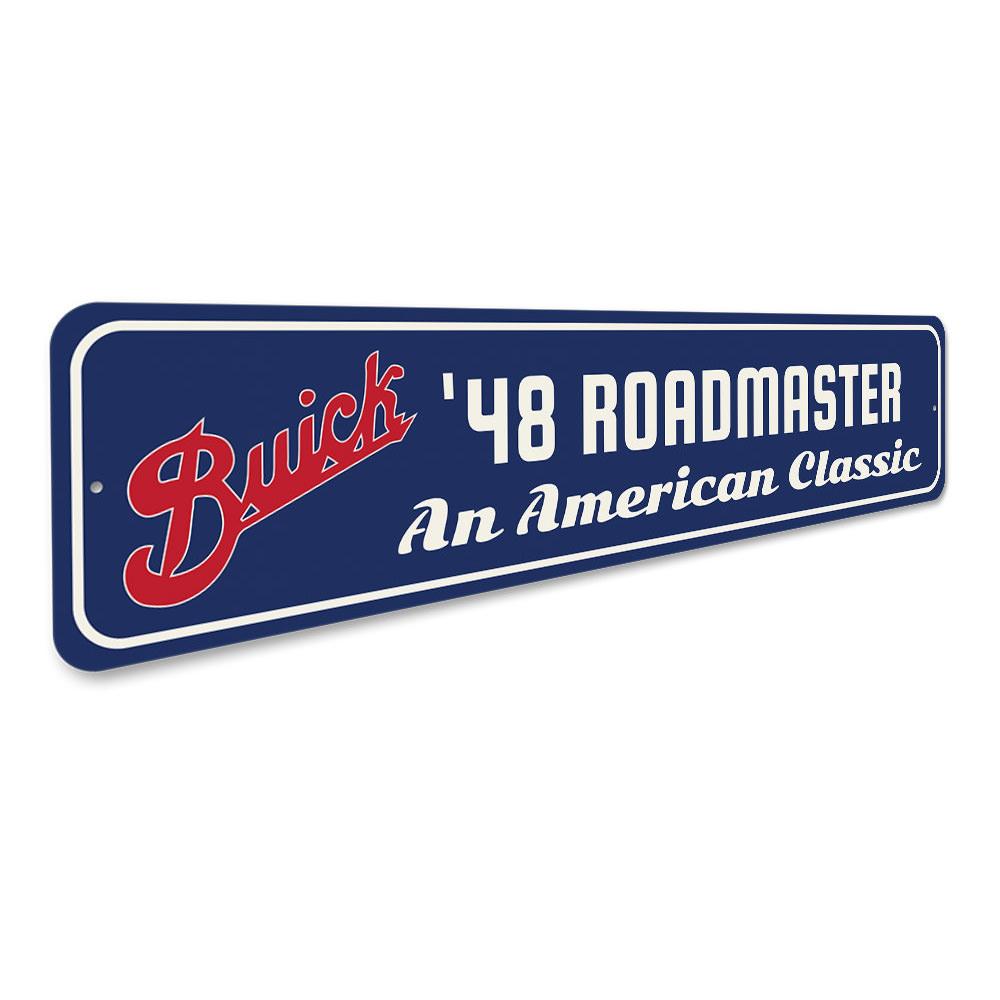 American Classic Roadmaster Sign made of high-quality aluminum, featuring customizable text and pre-drilled holes for easy mounting.