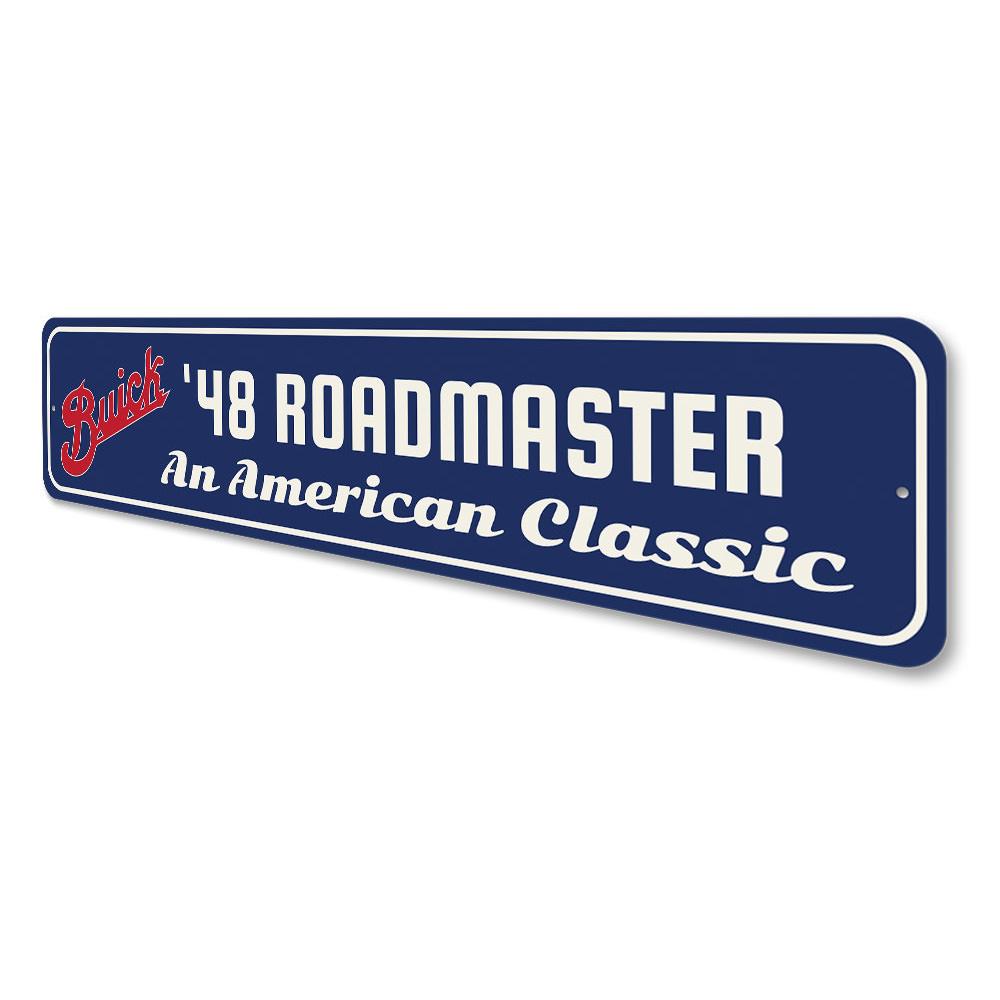 American Classic Roadmaster Sign made of high-quality aluminum, featuring customizable text and pre-drilled holes for easy mounting.